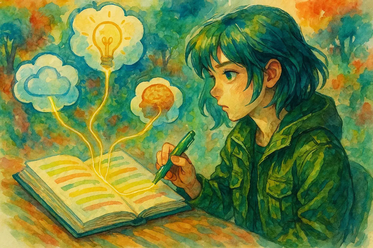 Zvýrazňování textu při učení – dívka studuje s barevným zvýrazňovačem, z otevřené knihy vycházejí symboly nápadu, paměti a myšlení.