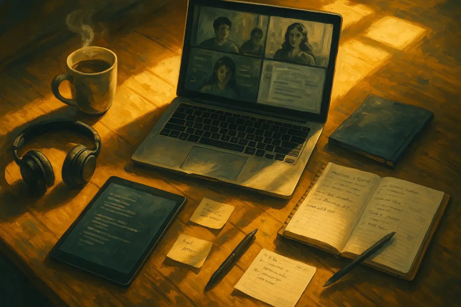 Laptop s online lekcí, sluchátka, tablet  s tradičními školními