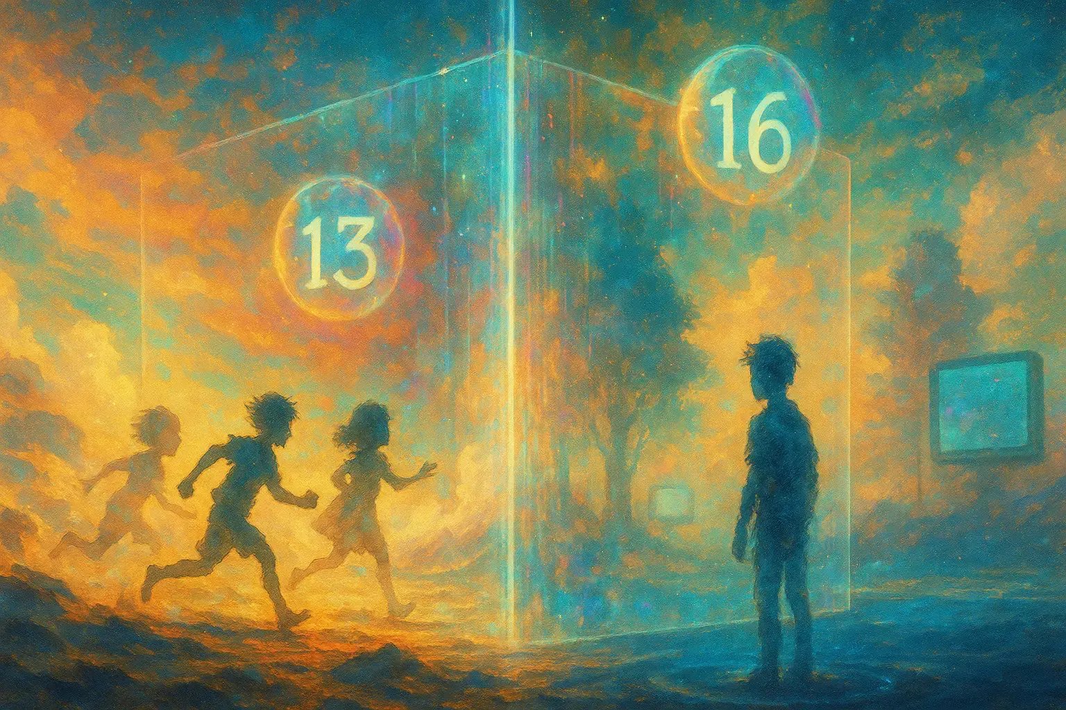 Symbolická bariéra s čísly 13 a 16 rozděluje svět dětí a digitálních avatarů ve snovém krajinářském zobrazení.