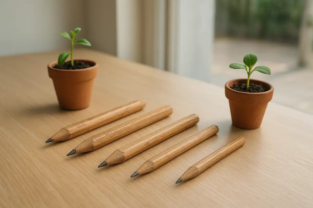Pět dřevěných tužek uspořádaných na dřevěném stole vedle dvou terakotových květináčů se zelenými sazenicemi v přirozeném světle