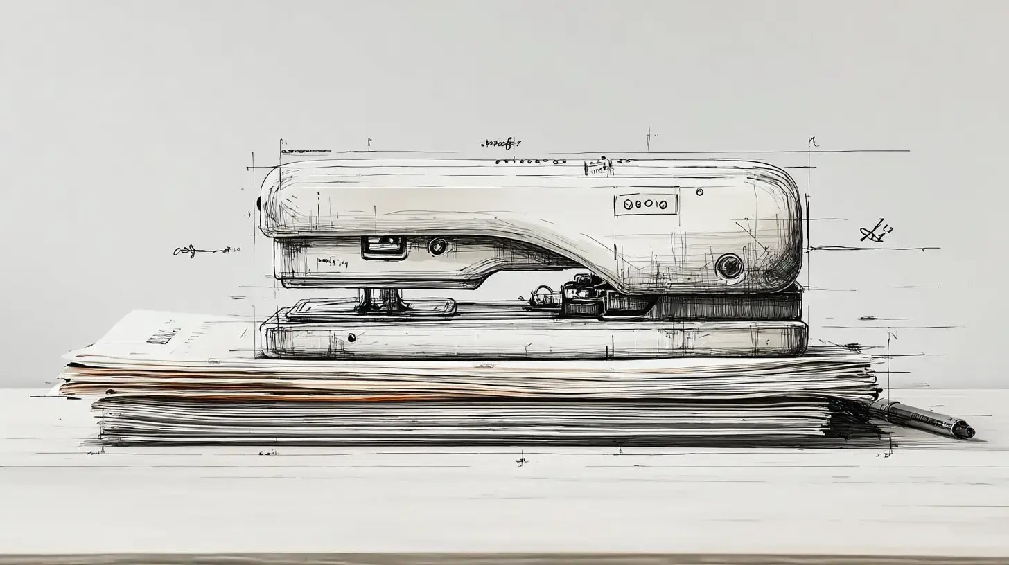 Precizní ilustrace kancelářské sešívačky položené na stohu dokumentů, ve stylu technického výkresu s náčrty a měřítky.