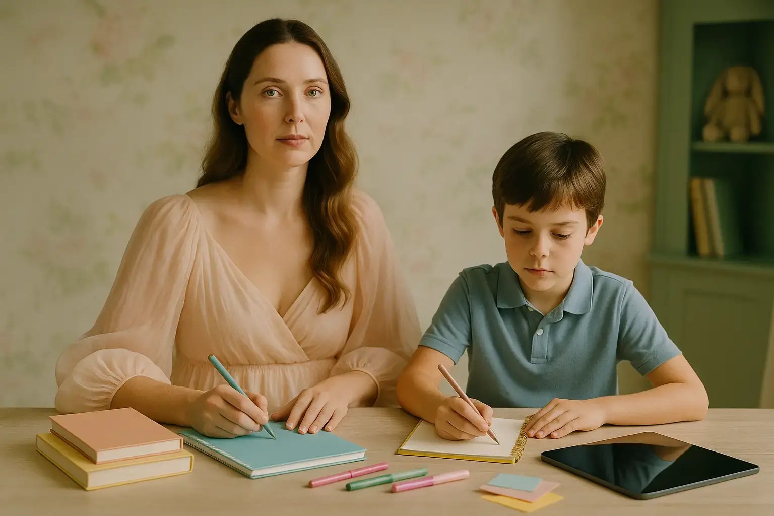 Matka a syn při psaní do sešitů u stolu, jemné světlo a pastelové barvy, domácí studium.