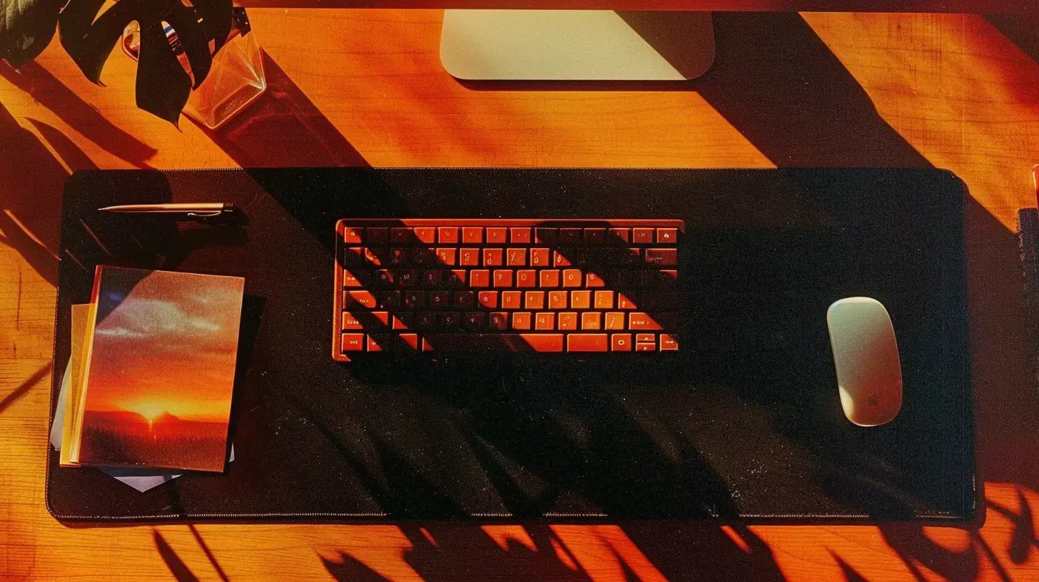 Minimalistický pracovní stůl s černou podložkou, oranžovou klávesnicí a myší, zalitý dramatickým slunečním světlem.