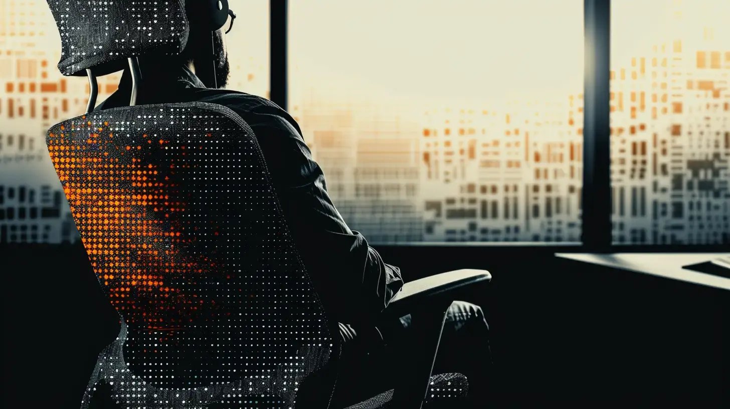 Silueta muže sedícího v ergonomické kancelářské židli u okna s výhledem na město, doplněná digitálním vzorem z oranžových bodů.