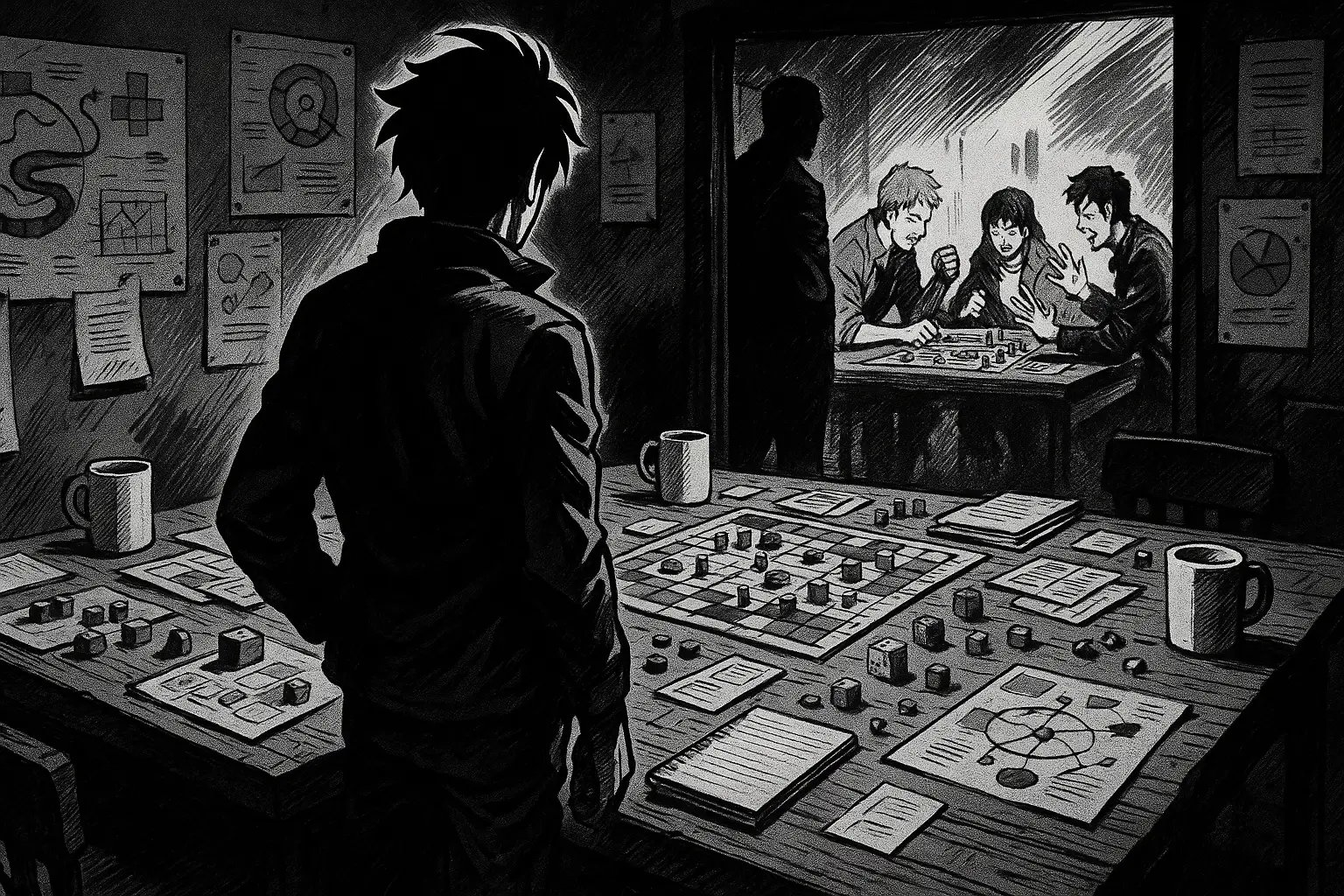 Návrhář deskové hry sleduje skupinu hráčů při testování prototypu, v pozadí místnost s nákresy a herními schématy.