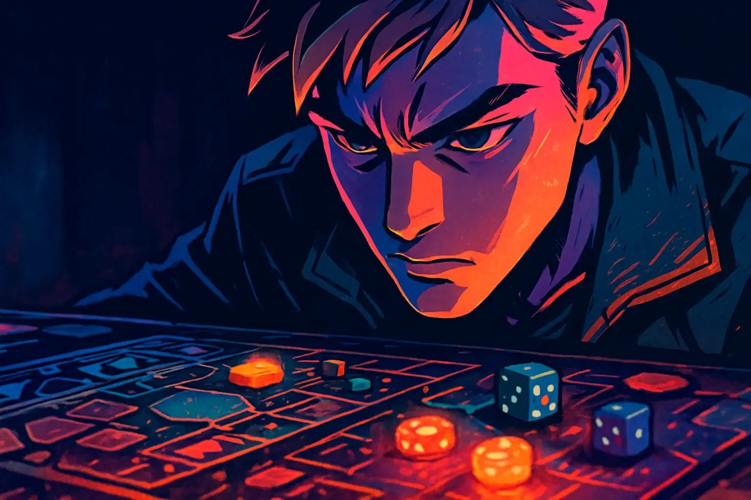 Soustředěný hráč sleduje strategii u herního plánu s kostkami a žetony v neonově stylizovaném osvětlení.