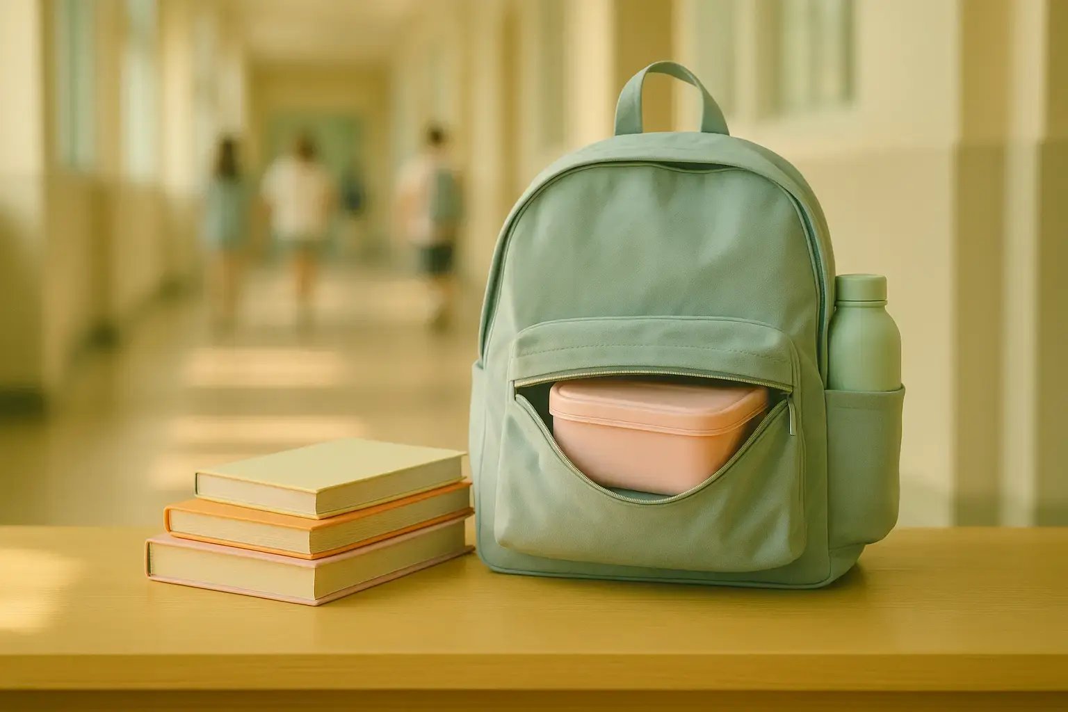 Pastelově zelený školní batoh s krabičkou na svačinu a lahví, vedle stoh učebnic, umístěné na lavici v prosvětlené školní chodbě