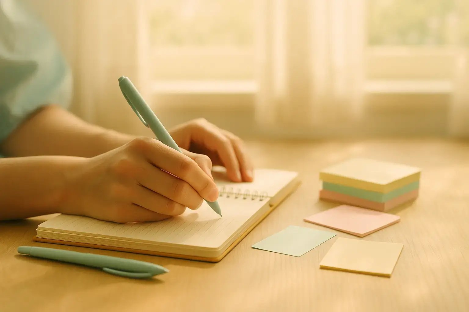 Ruka píšící do zápisníku pastelovým perem, obklopená barevnými samolepicími lístky na dřevěném stole v měkkém slunečním světle