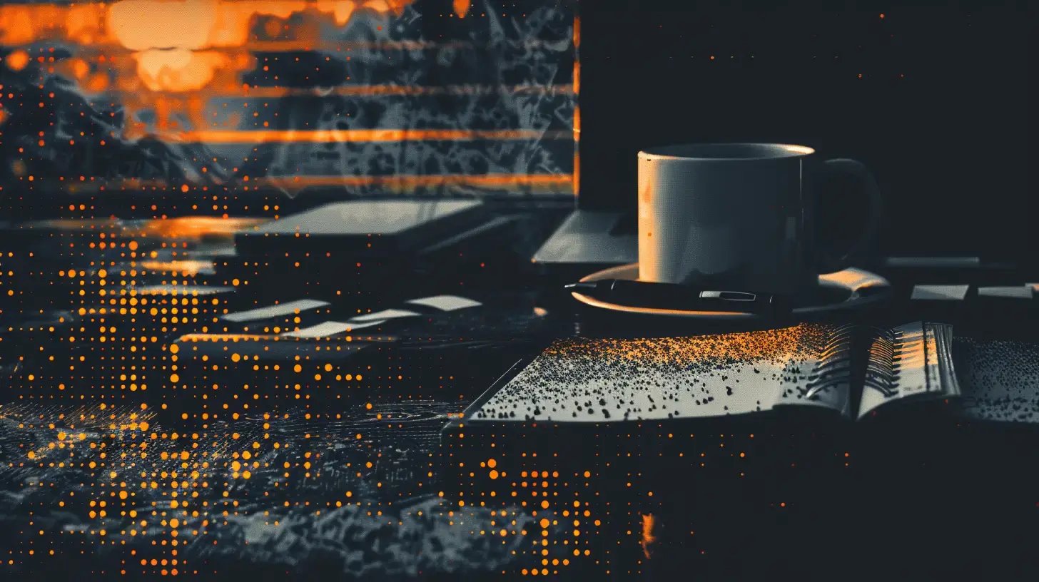 Stylizovaný ranní pracovní stůl s hrnkem kávy, otevřeným zápisníkem a teplým světlem, doplněný digitálními grafickými prvky.