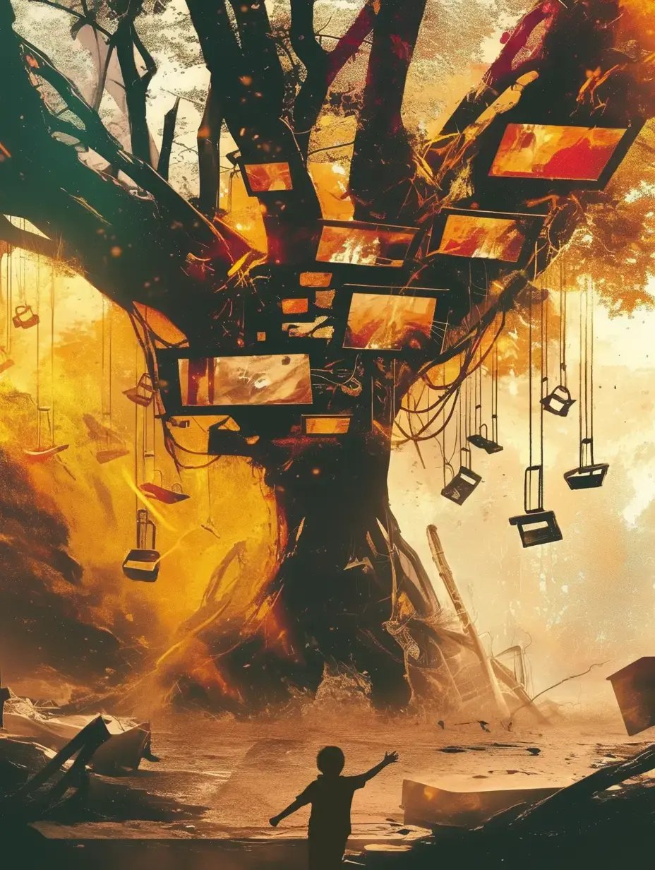 Silně stylizovaný strom s visícími obrazovkami a houpačkami, obklopený digitálním chaosem a troskami, pod nímž stojí dítě s nataženýma rukama; surrealistická symbolika vlivu technologií na dětství.