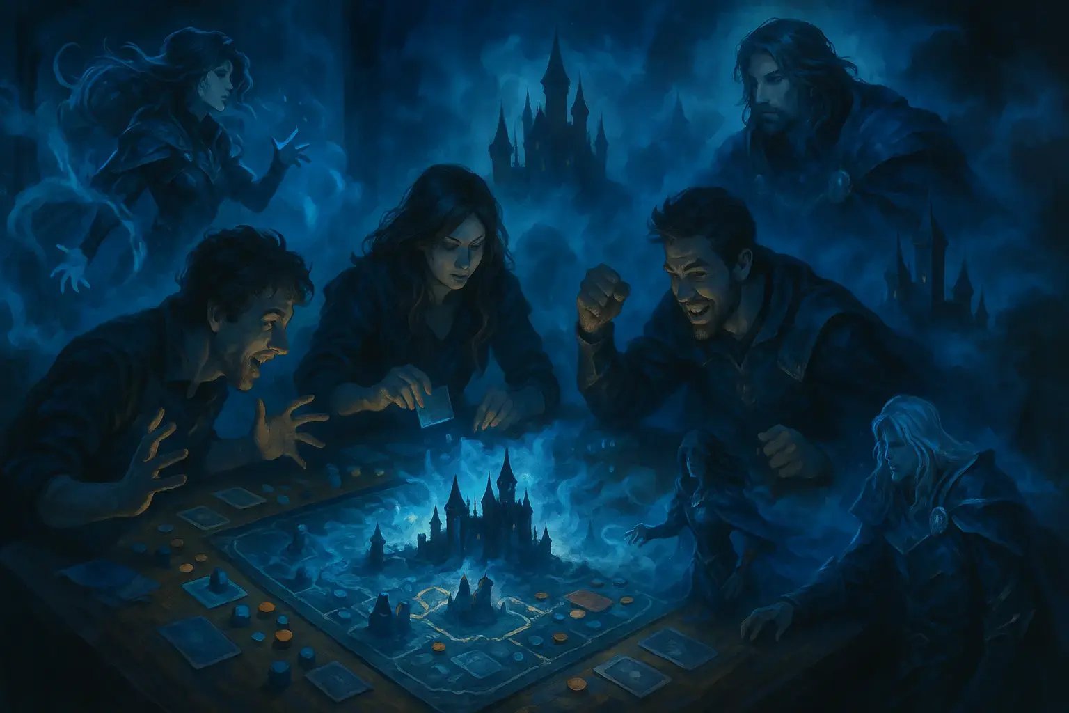 Skupina dospělých hraje temnou fantasy deskovou hru s trojrozměrným hradem, obklopenou mlhou a tajemnými postavami.