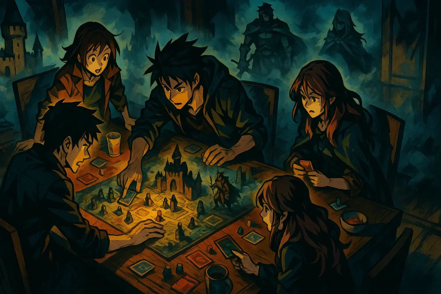 Skupina dospělých hraje temnou fantasy deskovou hru s trojrozměrným hradem, obklopenou mlhou a tajemnými postavami.