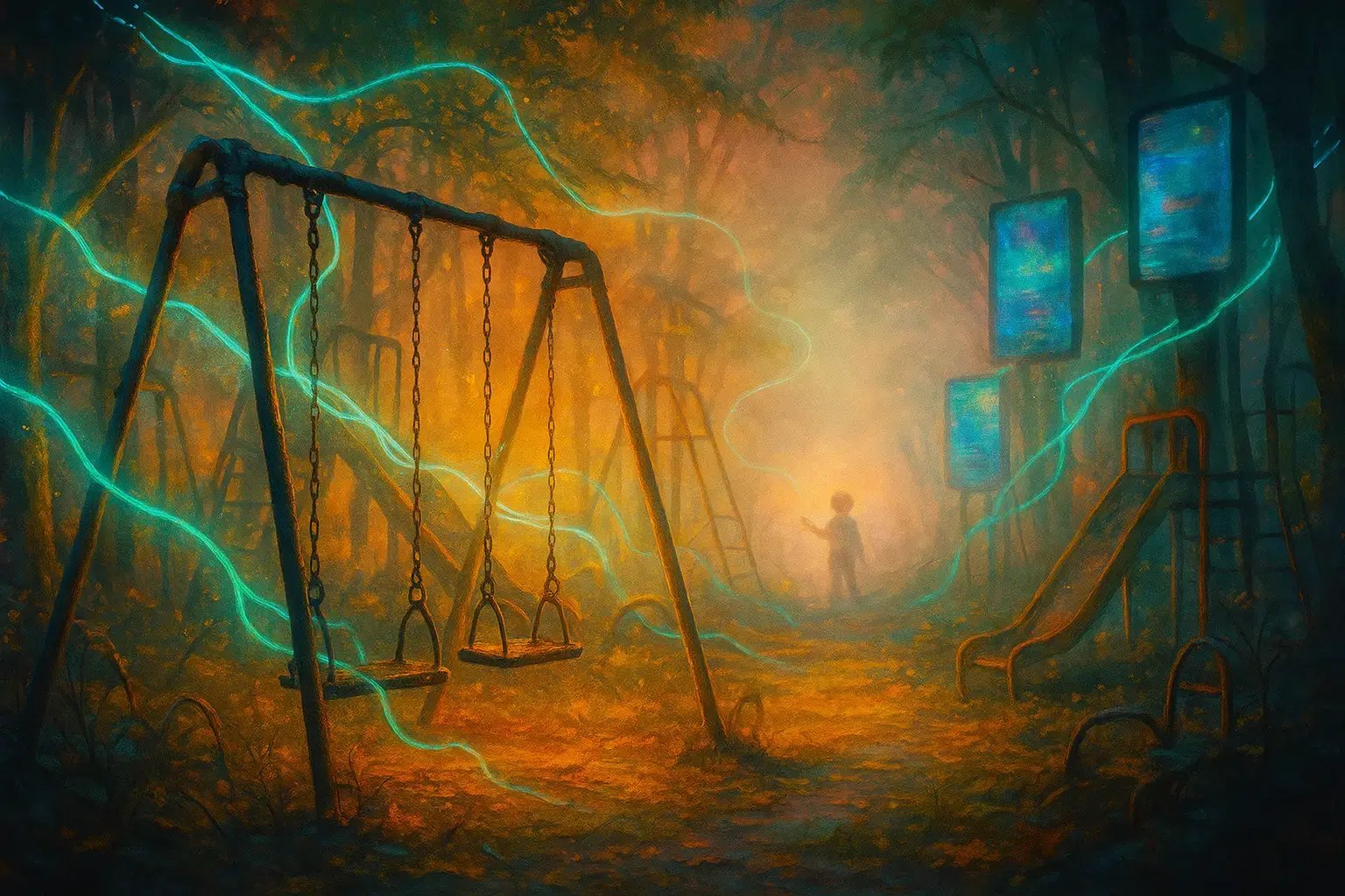 Opuštěné dětské hřiště v digitálním lese, obklopené zářícími optickými kabely a mlhou, dítě v pozadí se natahuje ke světlu.